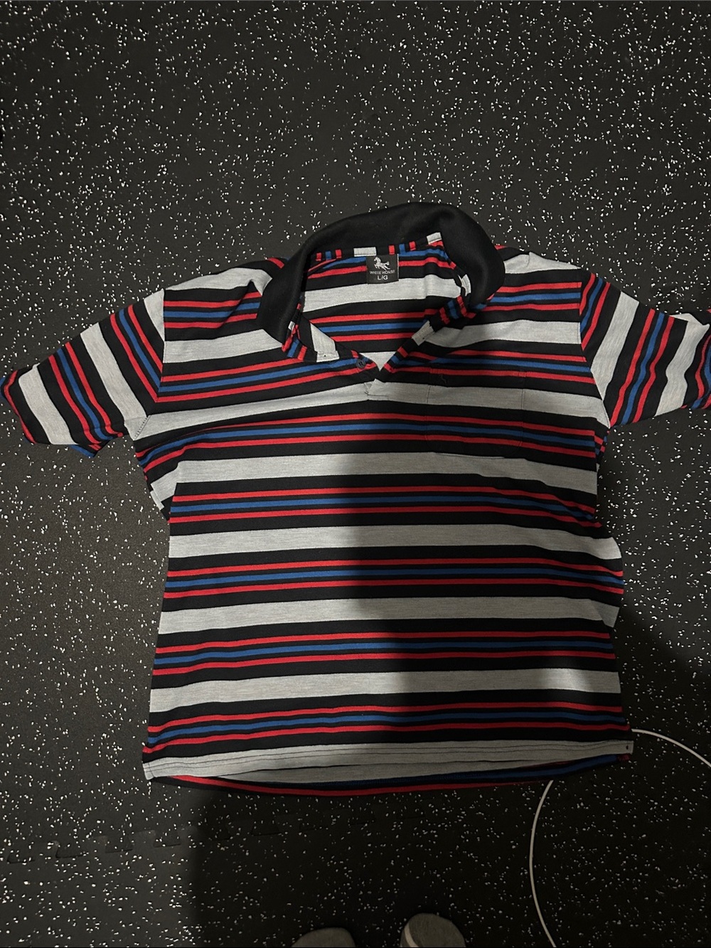 Men’s Striped Polo Shirt - Black Collar, Red & Blue Stripes